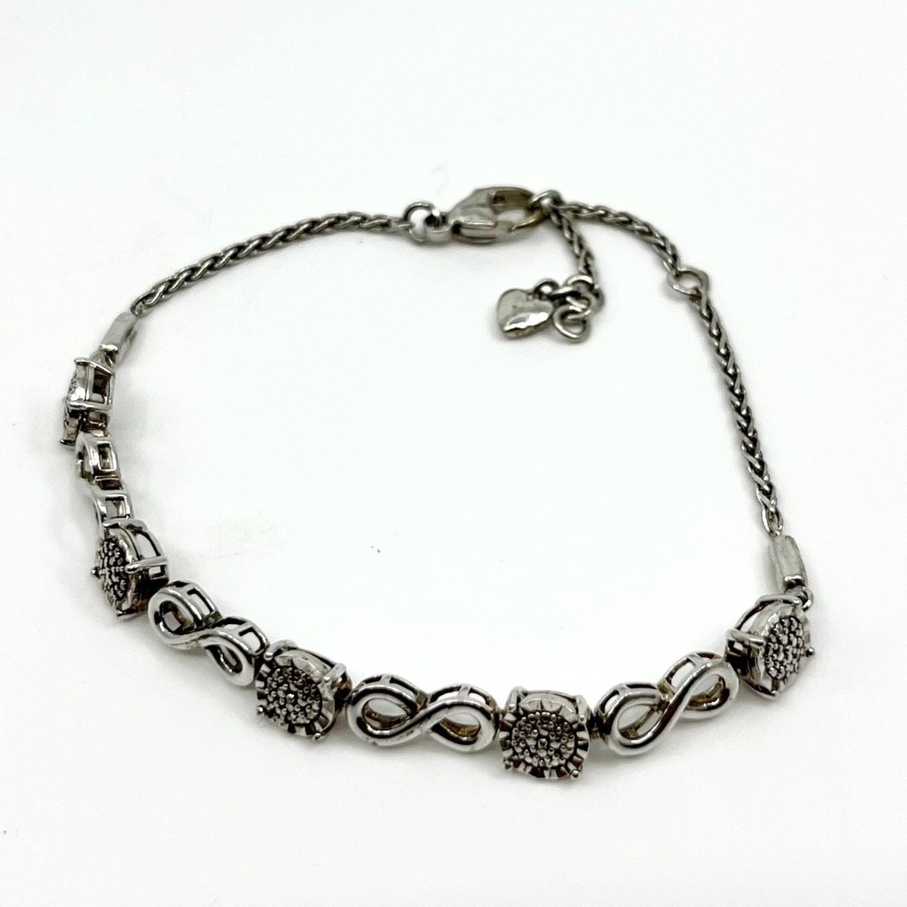 Vintage 925 Sterling Silver Infinity Link‎ Diamond Accented Heart Charm Bracelet
